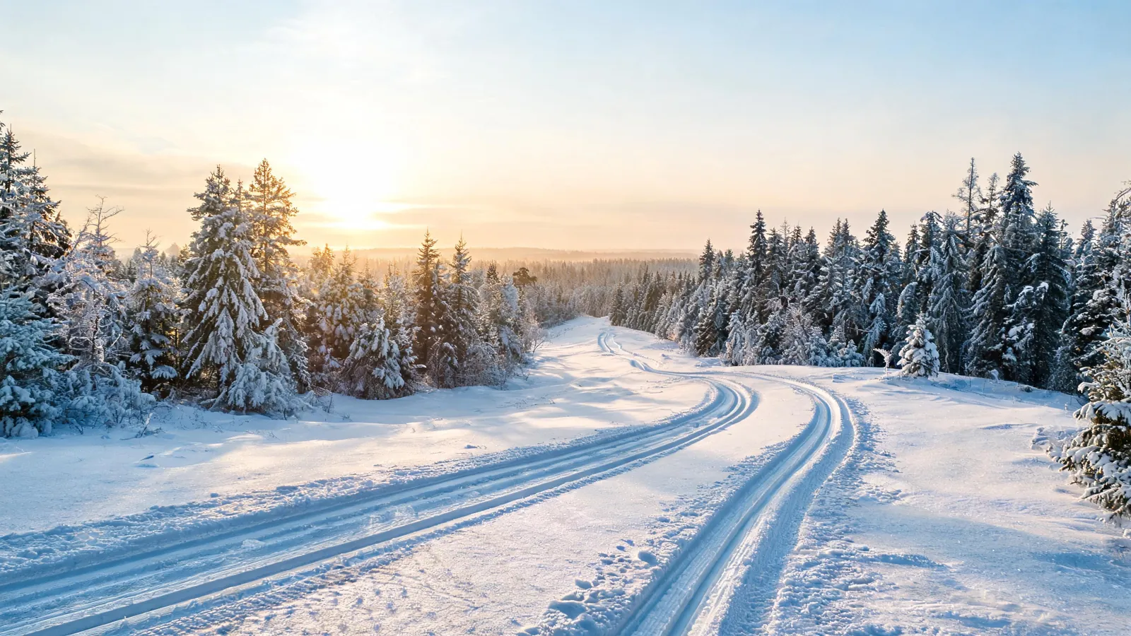 Skispor gjennom snødekt skog i lav vintersol