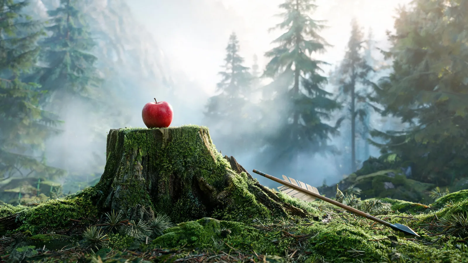 Et eple på en mosegrodd stubbe i tåkete skog, med en pil på bakken