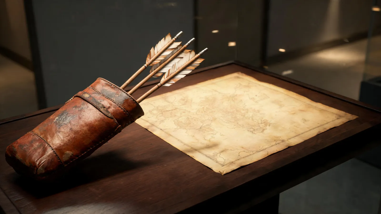 Kogger og piler ved et gammelt kart i en museumsmonter