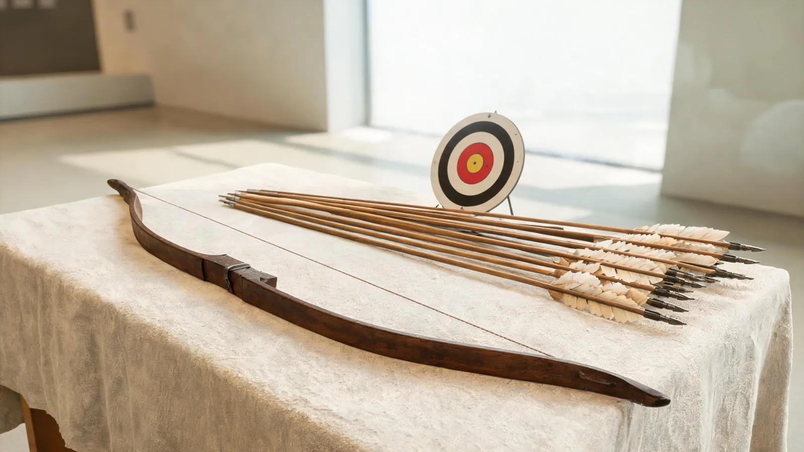 Langbue, piler og en skiskytterblink på et museumsbord
